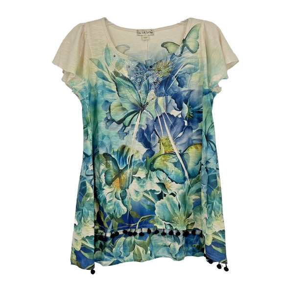 Live And Let Live Boho Floral Butterfly Top Embellished High Low Pom Trim Size S - Picture 1 of 9